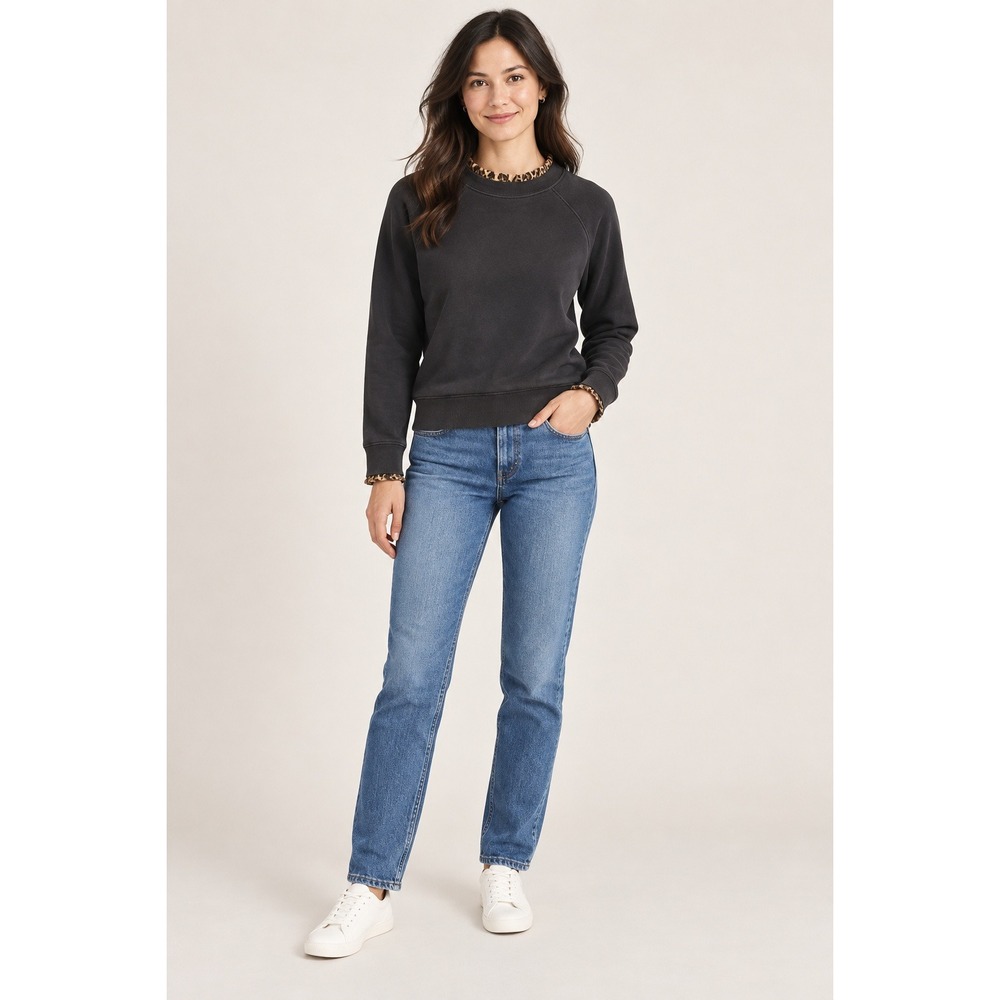 J.Crew Sweatshirt Women XS Leopard Ruffle Trim Black Gold Zipper Chic Preppy